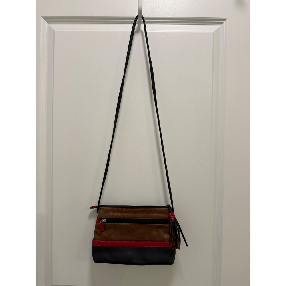 ili New York Genuine Leather Colorblock Crossbody Bag Brown Red Black Tassel